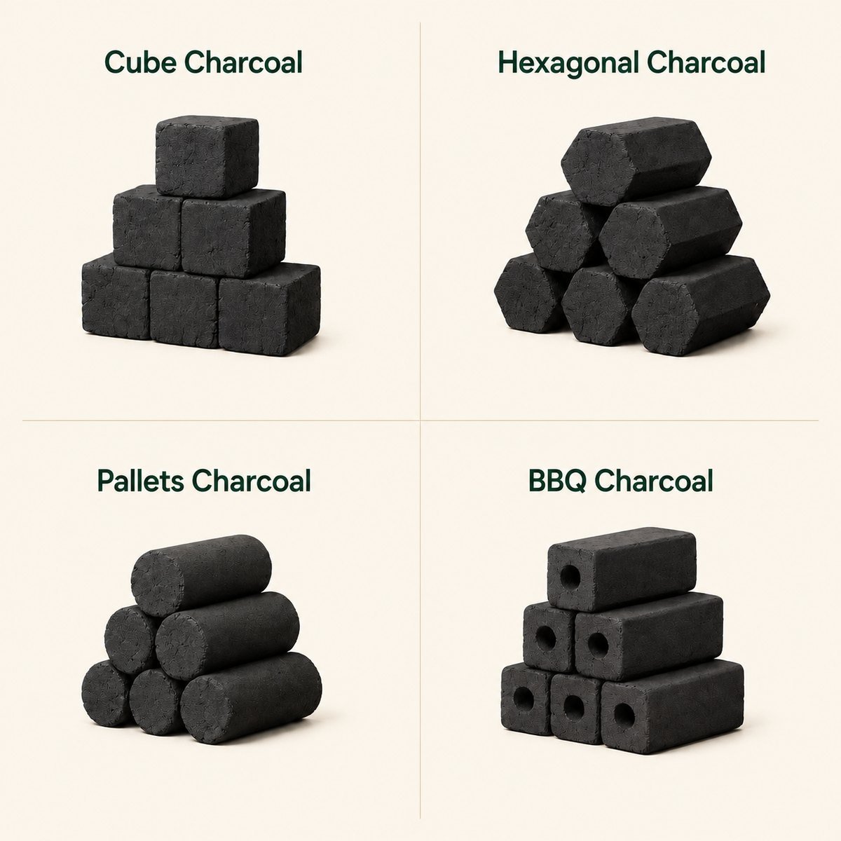 Cube, hexagonal, pallet and BBQ coconut charcoal briquette forms